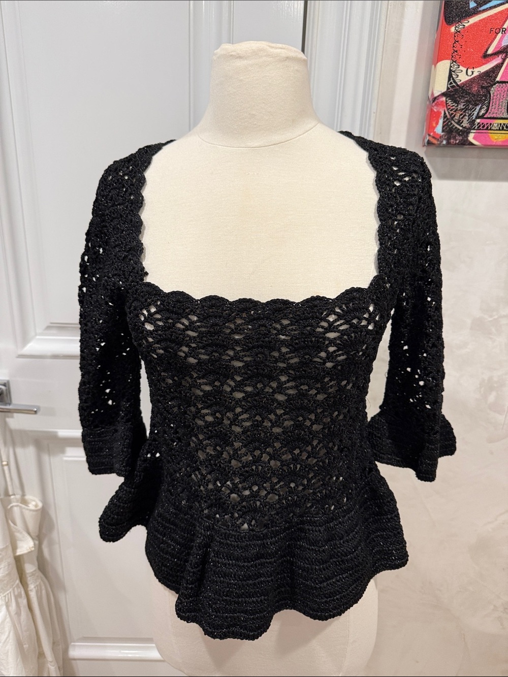 Ganni Black Crochet Square-Neck Peplum Blouse